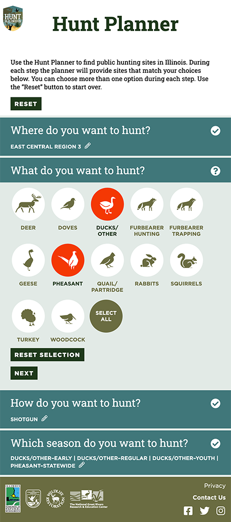Hunt Planner screen capture of choice of species
