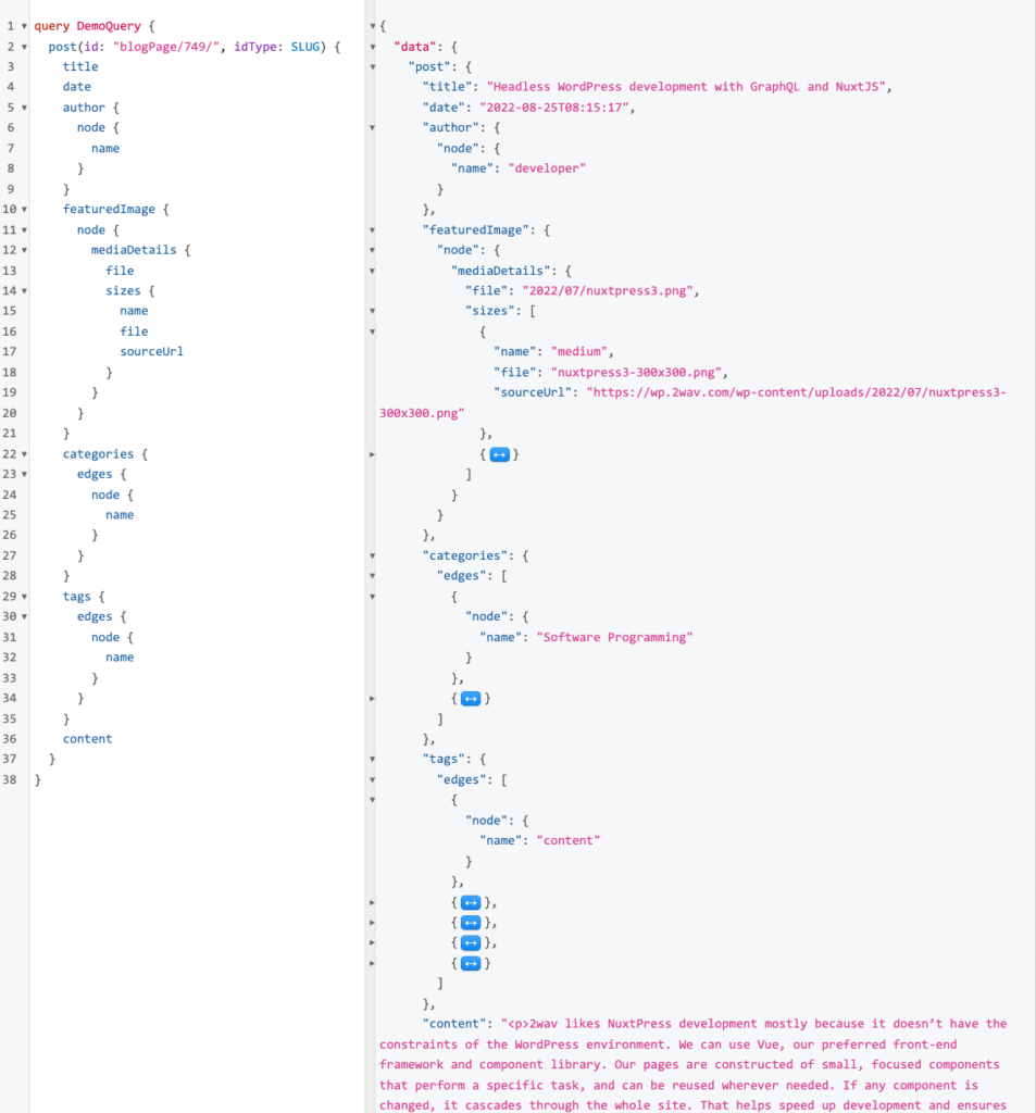 graphql query and results